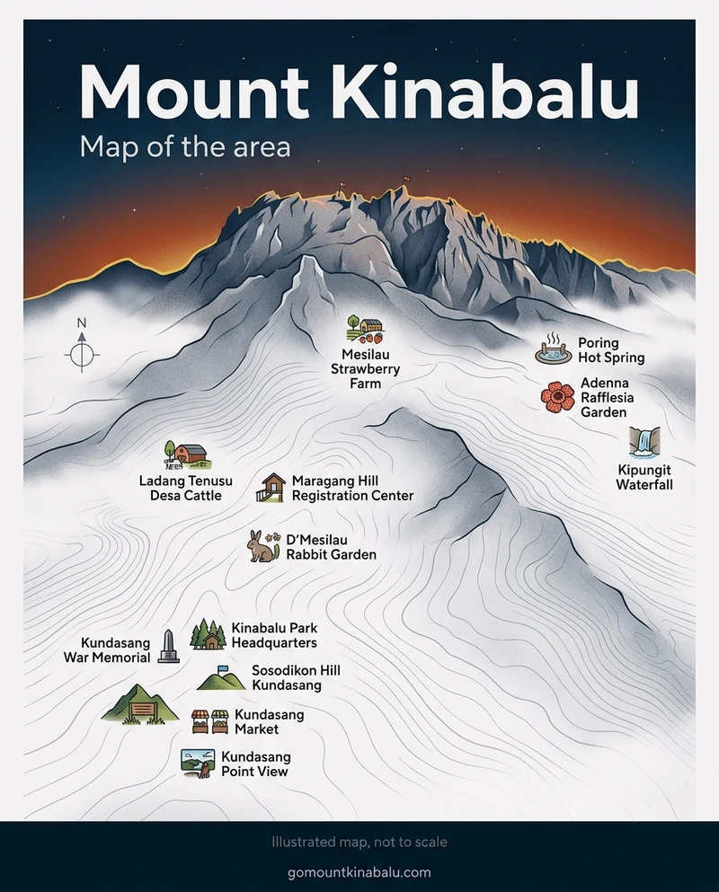 Illustrated map, not to scale: Mount Kinabalu, Map of the area. North: Mesilau Strawberry Farm. North-east: Poring Hot Spring, Adenna Rafflesia Garden, Kipungit Waterfall. West: Ladang Tenusu Desa Cattle, Maragang Hill Registration Center, D'Mesilau Rabbit Garden. South-west: Kundasang War Memorial, Kinabalu Park Headquarters, Sosodikon Hill Kundasang, Kundasang Market, Kundasang Point View. gomountkinabalu.com.